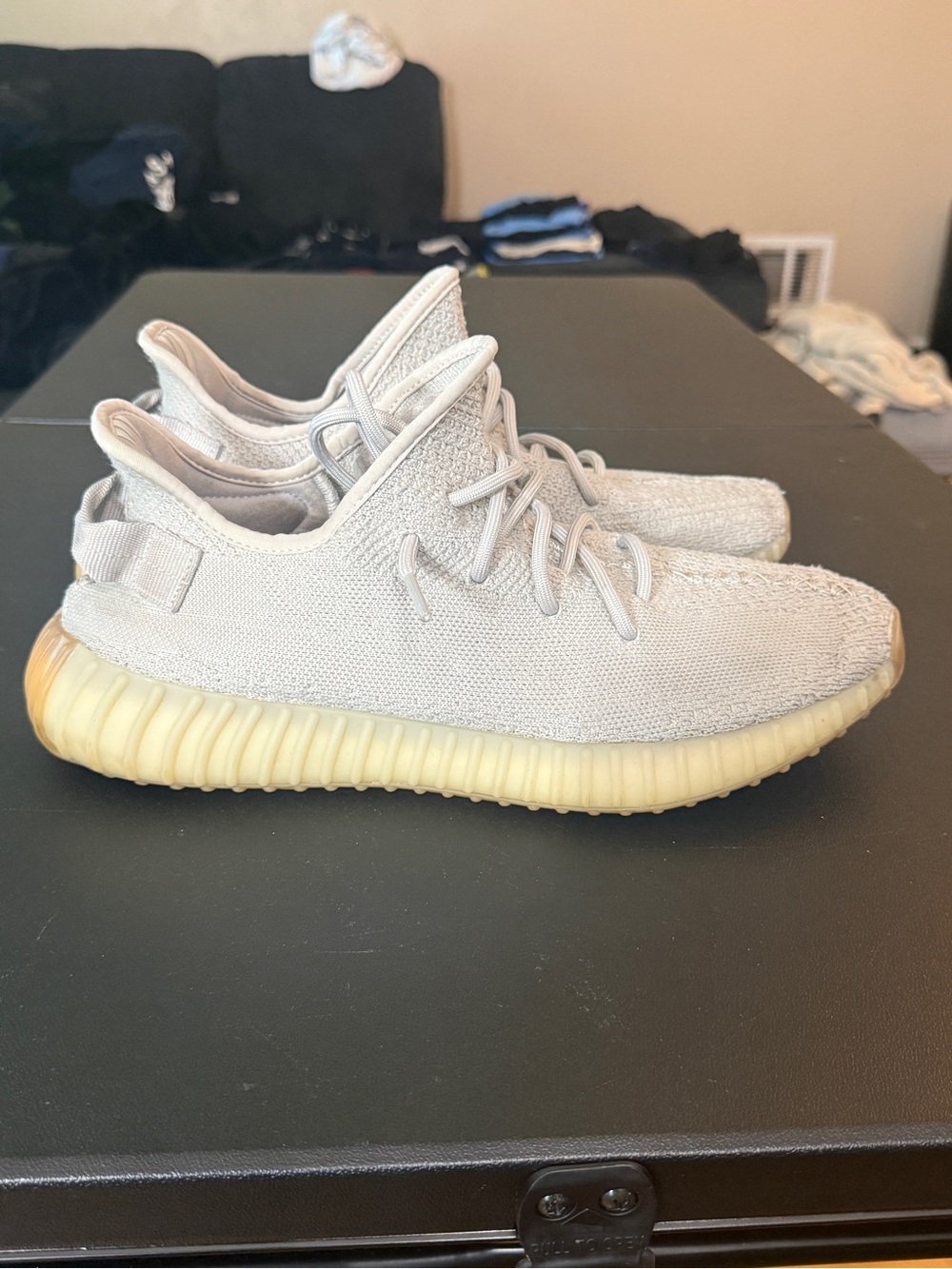 Yeezy Boost 350 V2 Light Gray Knit Sneakers with Cream Yellow Sole